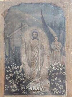 Antique Icon Jesus Christ Canvas Resurrection Russian Sign Oil Paint Rare Old 20