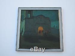 Antique Impressionist Painting Landscape Night Church Glow Mystery Artist Old