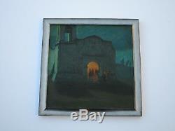 Antique Impressionist Painting Landscape Night Church Glow Mystery Artist Old