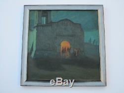 Antique Impressionist Painting Landscape Night Church Glow Mystery Artist Old