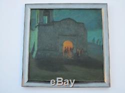 Antique Impressionist Painting Landscape Night Church Glow Mystery Artist Old