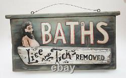 Antique Inspired Old Wood Folk Art Bath Sign Fleas Ticks Vintage Trade Rustic