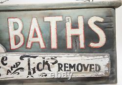 Antique Inspired Old Wood Folk Art Bath Sign Fleas Ticks Vintage Trade Rustic