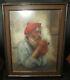 Antique Italian Oil Painting Of An Old Sailor In Red Beret Smoking Pipe, Sigmed