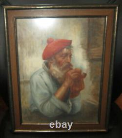 Antique Italian oil painting of an old sailor in red beret smoking pipe, sigmed