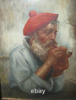 Antique Italian oil painting of an old sailor in red beret smoking pipe, sigmed