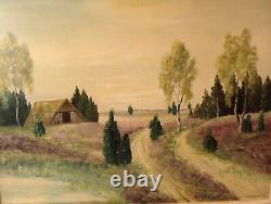 Antique Large Summer Landscape With Old Barn O/B Painting