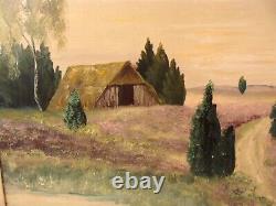 Antique Large Summer Landscape With Old Barn O/B Painting