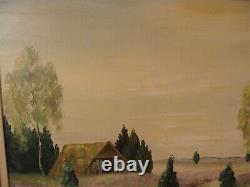 Antique Large Summer Landscape With Old Barn O/B Painting