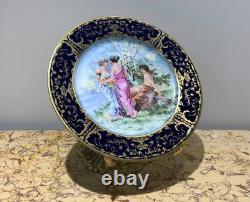 Antique Limoges Plate Painting Porcelain Ladys Man Cobalt Sign Gilt Rare Old 20c