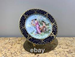 Antique Limoges Plate Painting Porcelain Ladys Man Cobalt Sign Gilt Rare Old 20c