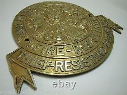 Antique Milners Fire-Resisting Thief-Resisting Brass Safe Plaque Sign ornate
