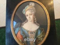 Antique Miniature Young Woman Paint Signed Raoux Wood Frame Bronze Rare Old 19th