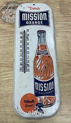 Antique Mission Orange Soda Advertising Thermometer Metal Sign Old Barn Find VTG