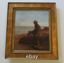 Antique Mystery Signed Portrait Coastal Sea Beach Nautical Boat Landscape Old