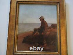 Antique Mystery Signed Portrait Coastal Sea Beach Nautical Boat Landscape Old
