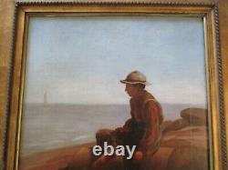 Antique Mystery Signed Portrait Coastal Sea Beach Nautical Boat Landscape Old