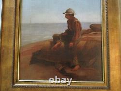 Antique Mystery Signed Portrait Coastal Sea Beach Nautical Boat Landscape Old