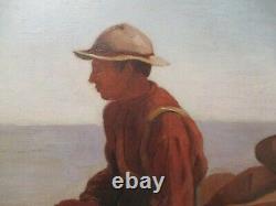 Antique Mystery Signed Portrait Coastal Sea Beach Nautical Boat Landscape Old