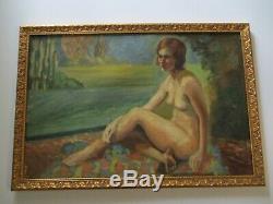 Antique Nude Female Painting Landscape Nature Woman Women Model Art Deco Era Old