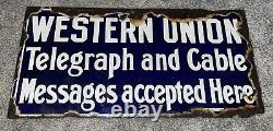 Antique OLD WEST Two Sided Western Union Telegraph Cable Porcelain Flange Sign