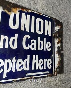 Antique OLD WEST Two Sided Western Union Telegraph Cable Porcelain Flange Sign