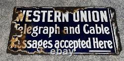 Antique OLD WEST Two Sided Western Union Telegraph Cable Porcelain Flange Sign