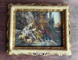 Antique Oil Miniature Paint 2 Lady and Man Landscape Signed Framed Rare Old 20th