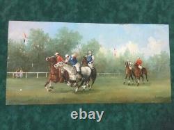 Antique Oil On Copper Painting Polo Players Horse Signed In Lerren Rare Old 20th
