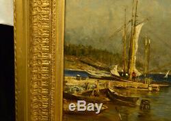 Antique Oil Painting Fishing Boats Listed Sweden Artist Olof Hermelin Old