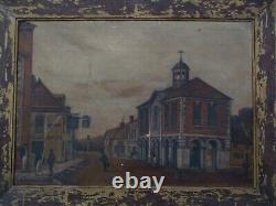 Antique Oil Painting Old Primitive Town Portrait City Village Folk Naive Master