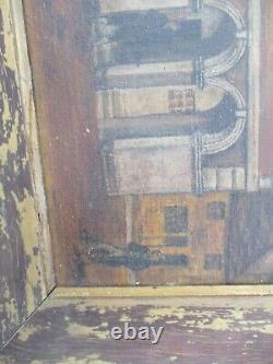 Antique Oil Painting Old Primitive Town Portrait City Village Folk Naive Master