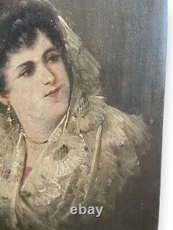 Antique Oil Painting Panel Portrait Woman Jewelry Sign CADIX Wood Rare Old 19th