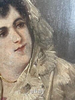 Antique Oil Painting Panel Portrait Woman Jewelry Sign CADIX Wood Rare Old 19th