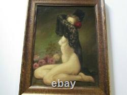 Antique Oil Painting Vintage Nude Pretty Woman Female Model Roses Signed Old