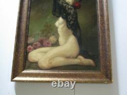 Antique Oil Painting Vintage Nude Pretty Woman Female Model Roses Signed Old