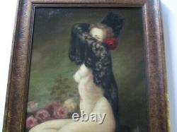 Antique Oil Painting Vintage Nude Pretty Woman Female Model Roses Signed Old