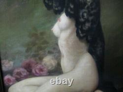 Antique Oil Painting Vintage Nude Pretty Woman Female Model Roses Signed Old