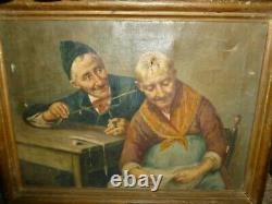 Antique Oil Painting on Canvas MOST BIZARRE Old Man Woman 10x14 Signed