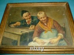 Antique Oil Painting on Canvas MOST BIZARRE Old Man Woman 10x14 Signed