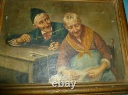 Antique Oil Painting on Canvas MOST BIZARRE Old Man Woman 10x14 Signed