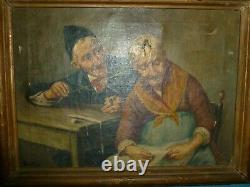 Antique Oil Painting on Canvas MOST BIZARRE Old Man Woman 10x14 Signed