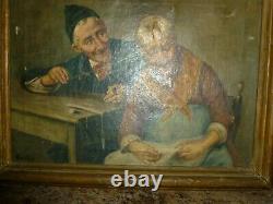 Antique Oil Painting on Canvas MOST BIZARRE Old Man Woman 10x14 Signed