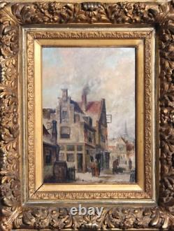 Antique Oil Wood Dutch City Painting Frame Sign Gild Art Leaves Rare Old 19th