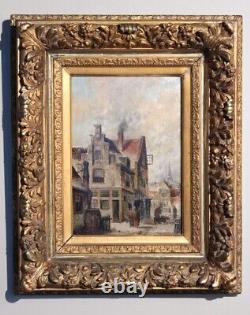 Antique Oil Wood Dutch City Painting Frame Sign Gild Art Leaves Rare Old 19th