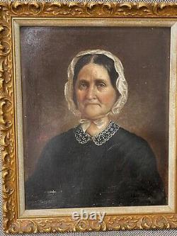 Antique Oil on Canvas Signed ICD Portrait Painting of Old Quaker Woman