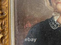 Antique Oil on Canvas Signed ICD Portrait Painting of Old Quaker Woman