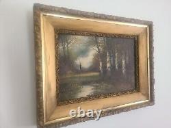 Antique Oil on Canvas- Wooded Stream- Signed Martini old gilded frame