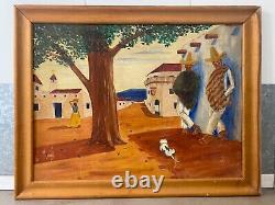 Antique Old 1930s WPA Mexican Regionalism Cityscape Oil Painting, Signed