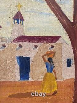 Antique Old 1930s WPA Mexican Regionalism Cityscape Oil Painting, Signed